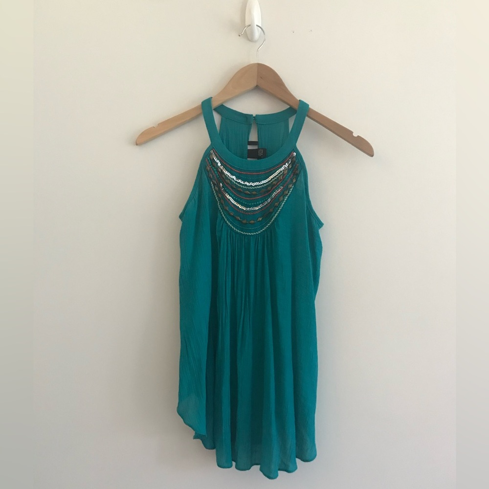 Teal Halter Neck Beaded Tank with Keyhole Back XS